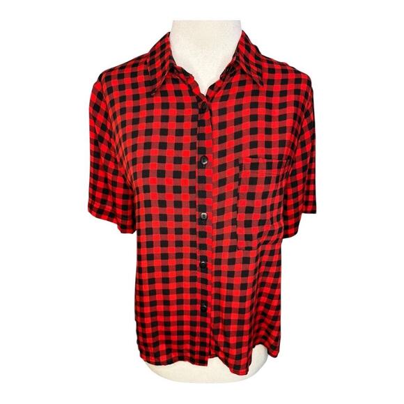 NEW Love Notes Women’s Plaid Button-Down Shirt Red Short Sleeve Size Medium - Picture 1 of 7